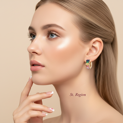 Green Multicolor Crystal & Goldtone Huggie Earrings