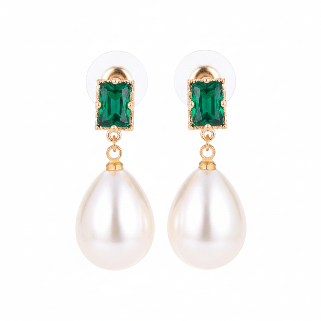 Green Crystal & Pearl Goldtone Drop Earrings