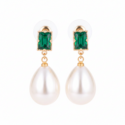 Green Crystal & Pearl Goldtone Drop Earrings