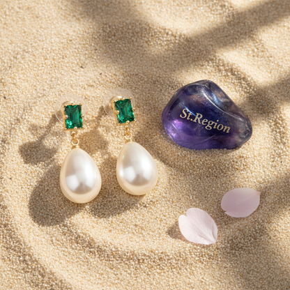 Green Crystal & Pearl Goldtone Drop Earrings