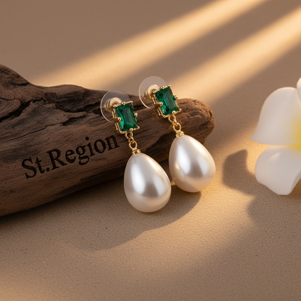 Green Crystal & Pearl Goldtone Drop Earrings
