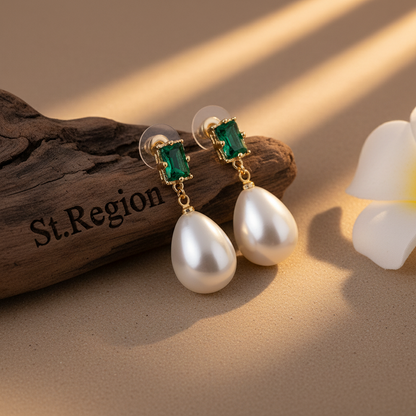 Green Crystal & Pearl Goldtone Drop Earrings