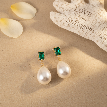 Green Crystal & Pearl Goldtone Drop Earrings