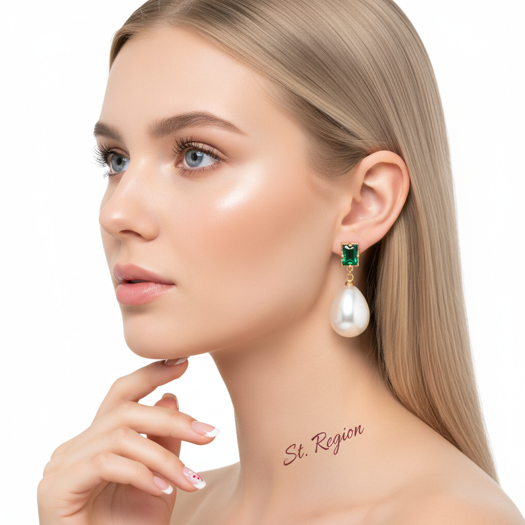 Green Crystal & Pearl Goldtone Drop Earrings