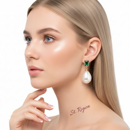 Green Crystal & Pearl Goldtone Drop Earrings
