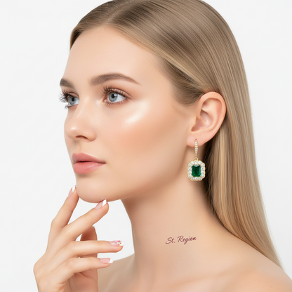 Green Crystal & Cubic Zirconia Rectangle Drop Earrings