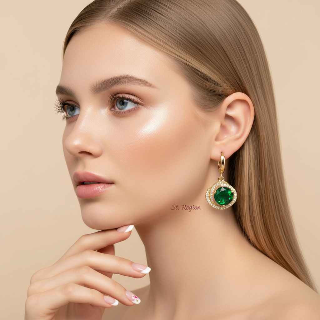 Green Crystal & Cubic Zirconia Goldtone Halo Round Huggie Earrings