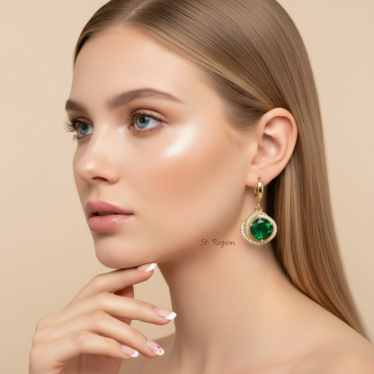 Green Crystal & Cubic Zirconia Goldtone Halo Round Huggie Earrings