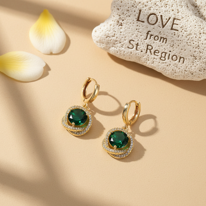 Green Crystal & Cubic Zirconia Goldtone Halo Round Huggie Earrings