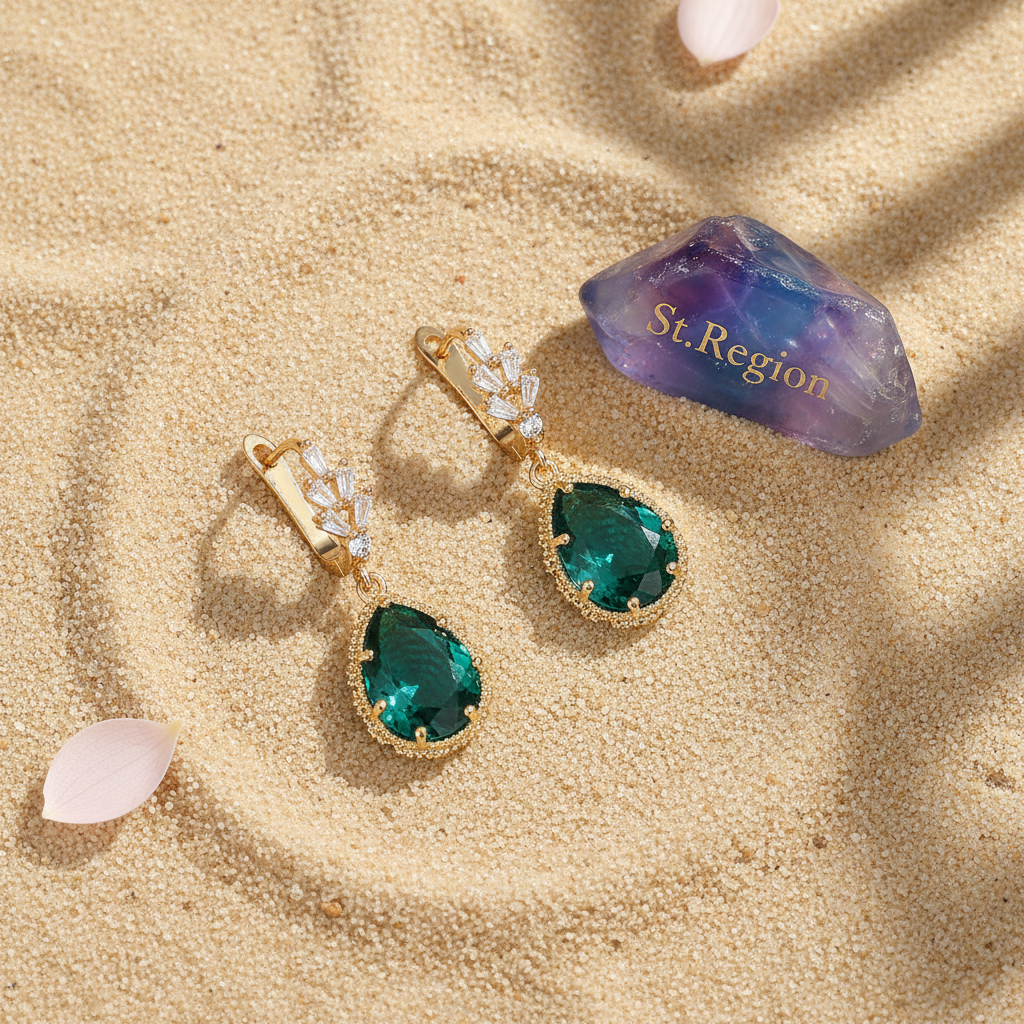 Green Crystal & Cubic Zirconia Drop Huggie Earring