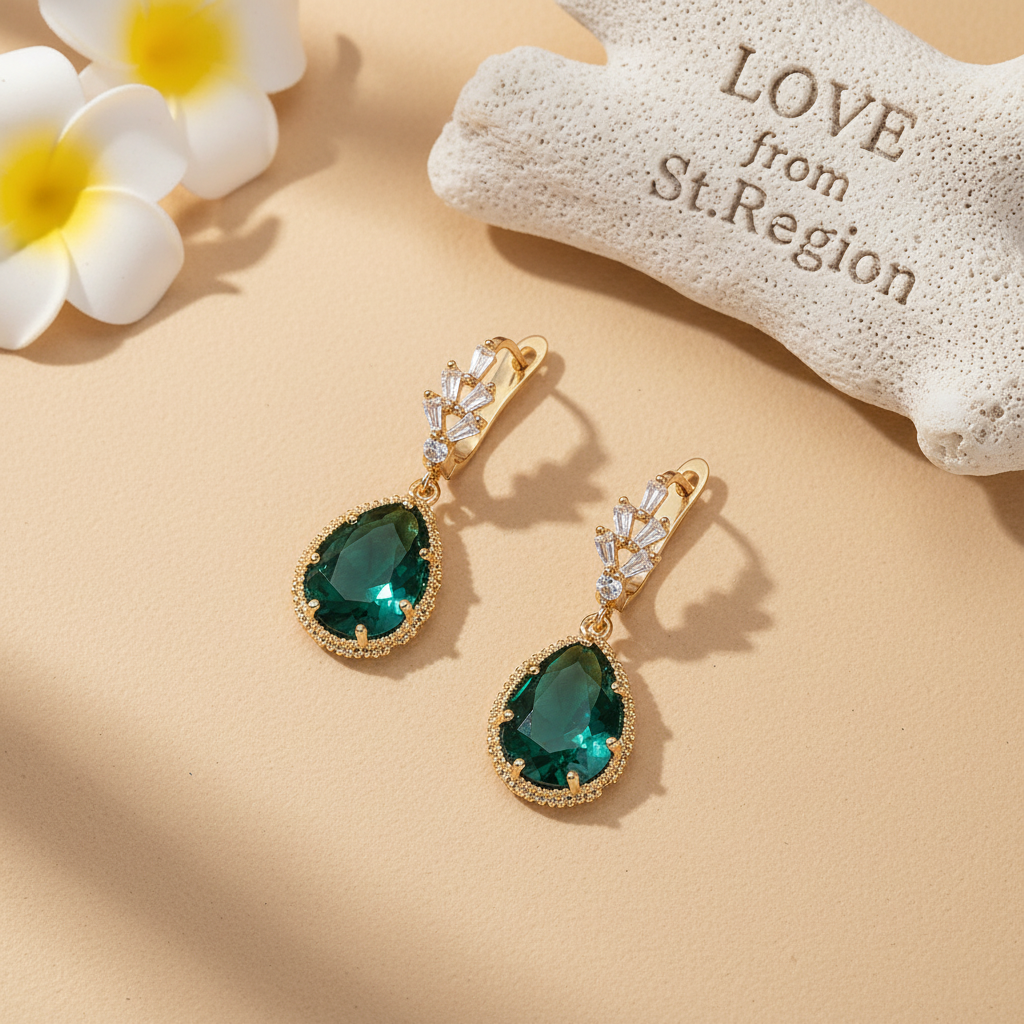 Green Crystal & Cubic Zirconia Drop Huggie Earring