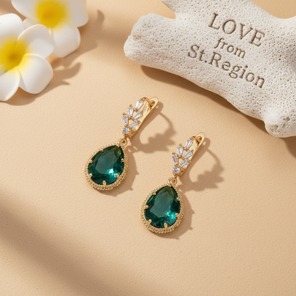 Green Crystal & Cubic Zirconia Drop Huggie Earring