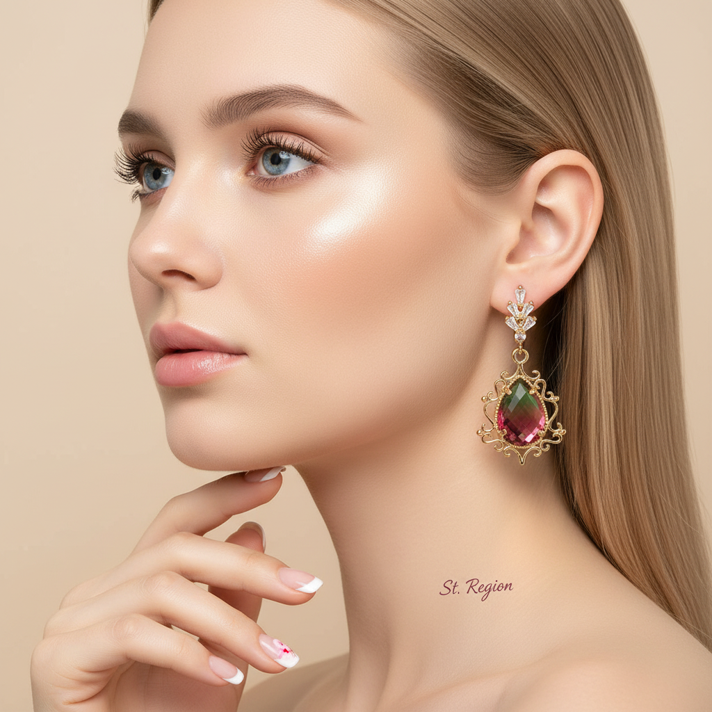 Red Crystal & Goldtone Drop Huggie Earrings