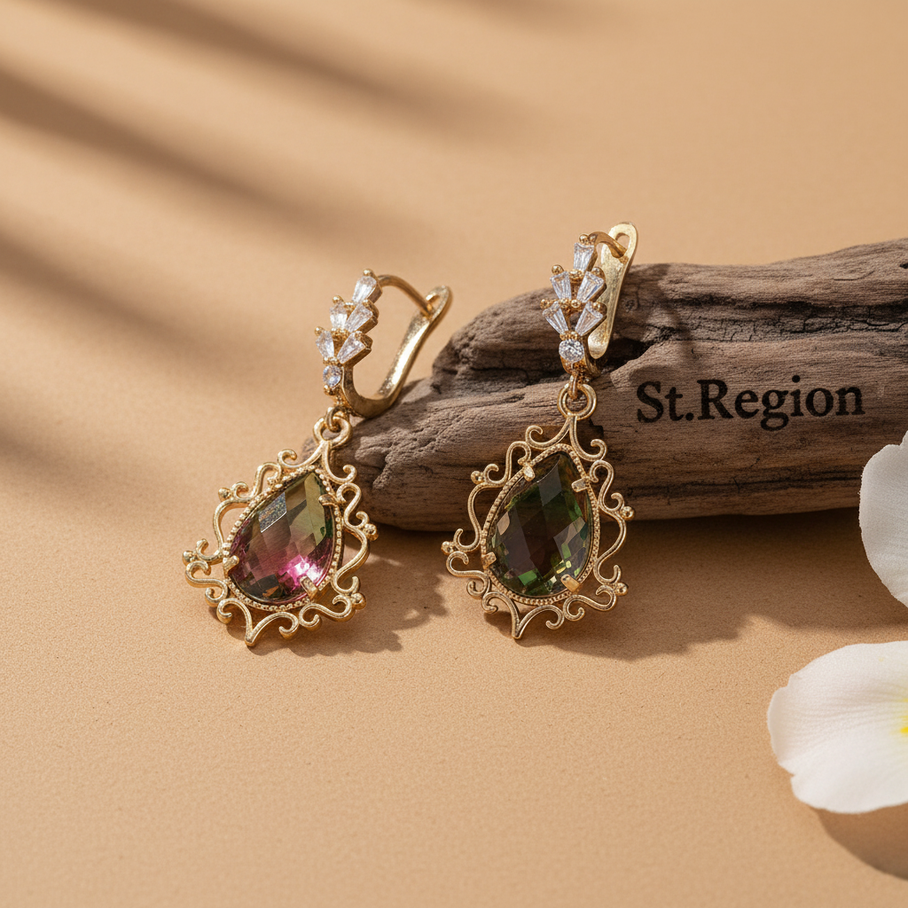 Red Crystal & Goldtone Drop Huggie Earrings