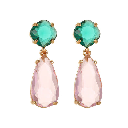 Green & Pink Crystal Goldtone Cushion Drop Earrings