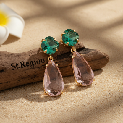 Green & Pink Crystal Goldtone Cushion Drop Earrings
