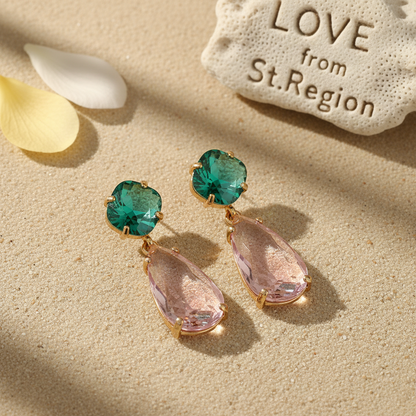 Green & Pink Crystal Goldtone Cushion Drop Earrings