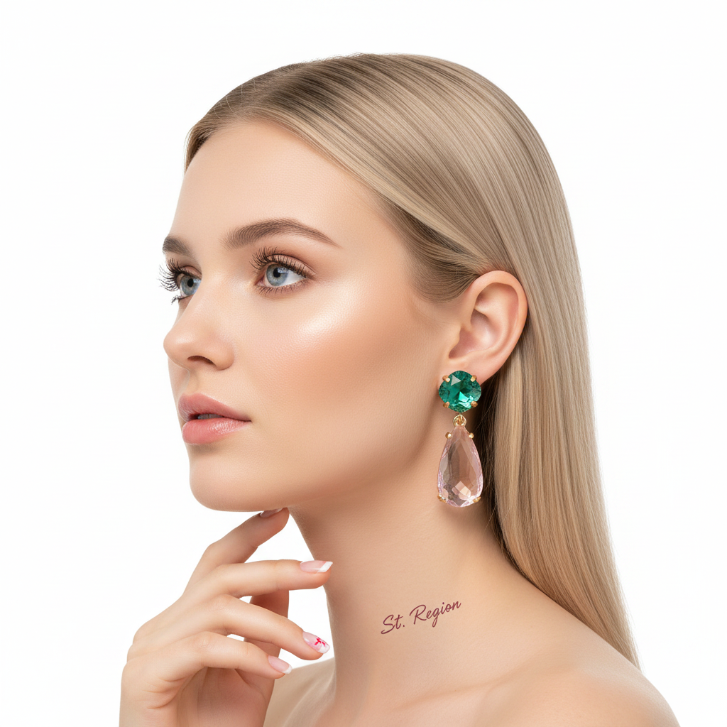 Green & Pink Crystal Goldtone Cushion Drop Earrings