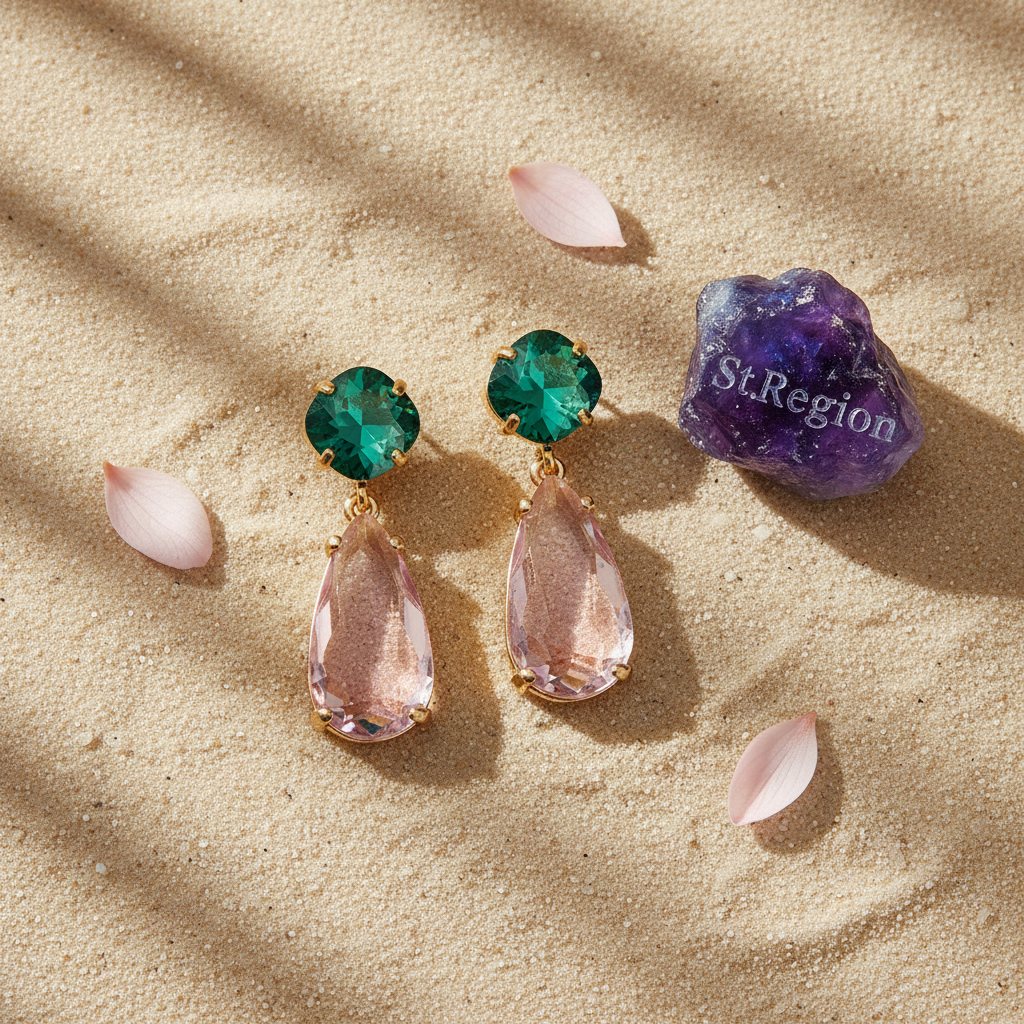 Green & Pink Crystal Goldtone Cushion Drop Earrings