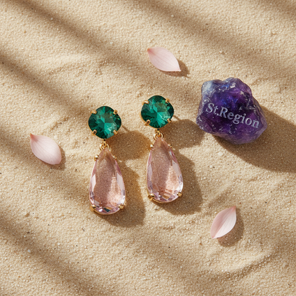 Green & Pink Crystal Goldtone Cushion Drop Earrings
