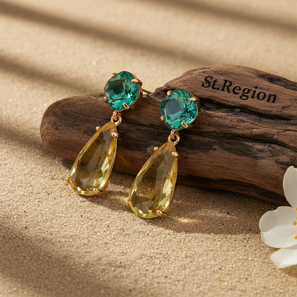 Green & Yellow Crystal Goldtone Cushion Drop Earrings