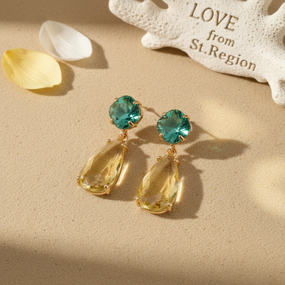 Green & Yellow Crystal Goldtone Cushion Drop Earrings