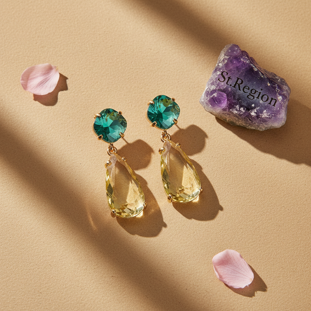 Green & Yellow Crystal Goldtone Cushion Drop Earrings