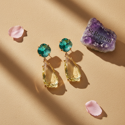 Green & Yellow Crystal Goldtone Cushion Drop Earrings