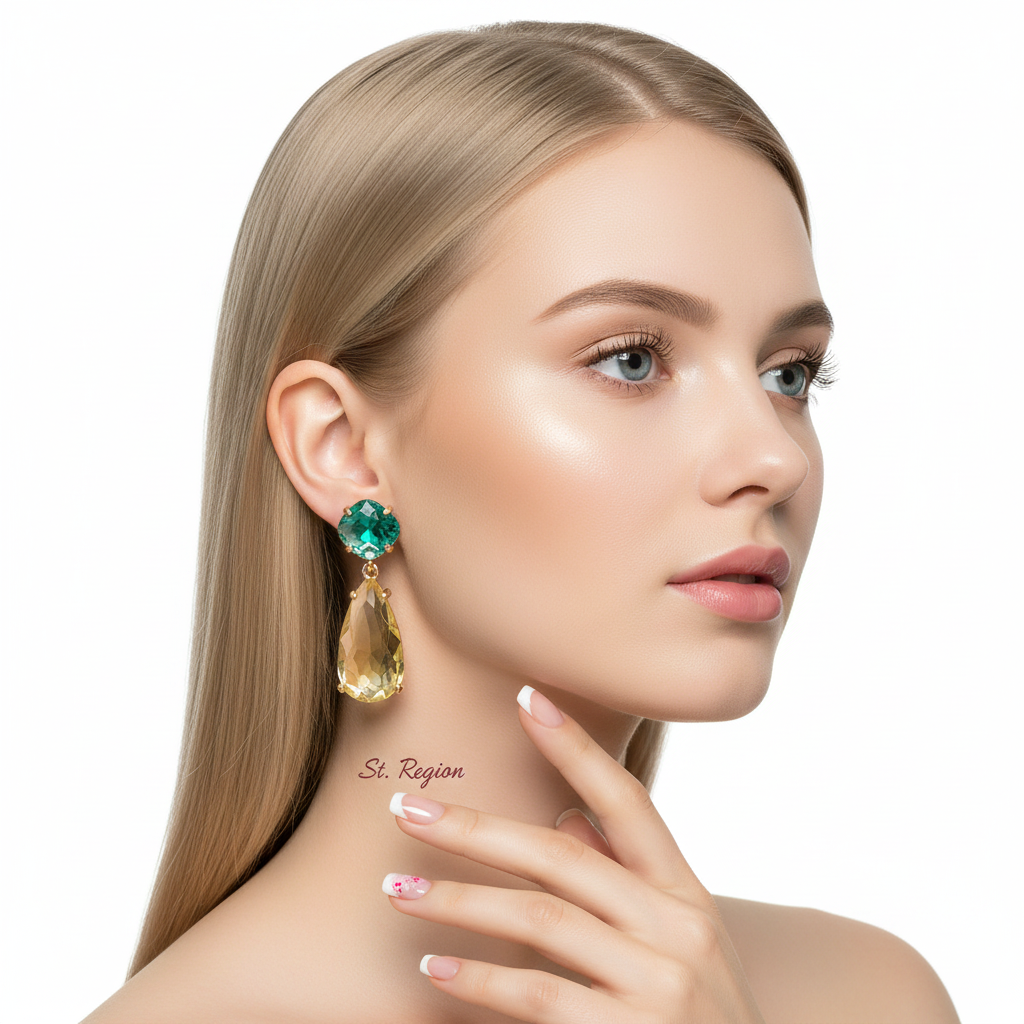 Green & Yellow Crystal Goldtone Cushion Drop Earrings
