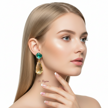 Green & Yellow Crystal Goldtone Cushion Drop Earrings