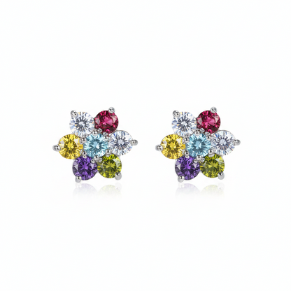 Multi-Colored Crystal & Silvertone Flower Stud Earrings