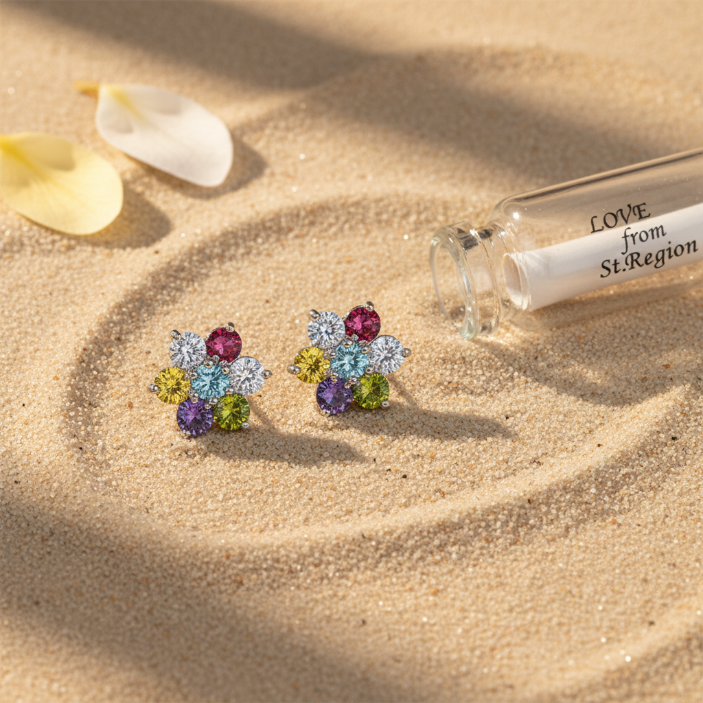 Multi-Colored Crystal & Silvertone Flower Stud Earrings