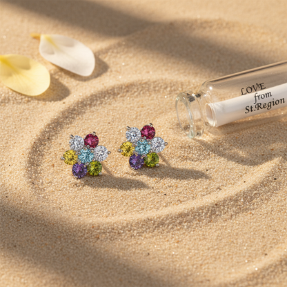 Multi-Colored Crystal & Silvertone Flower Stud Earrings