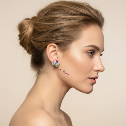 Multi-Colored Crystal & Silvertone Flower Stud Earrings