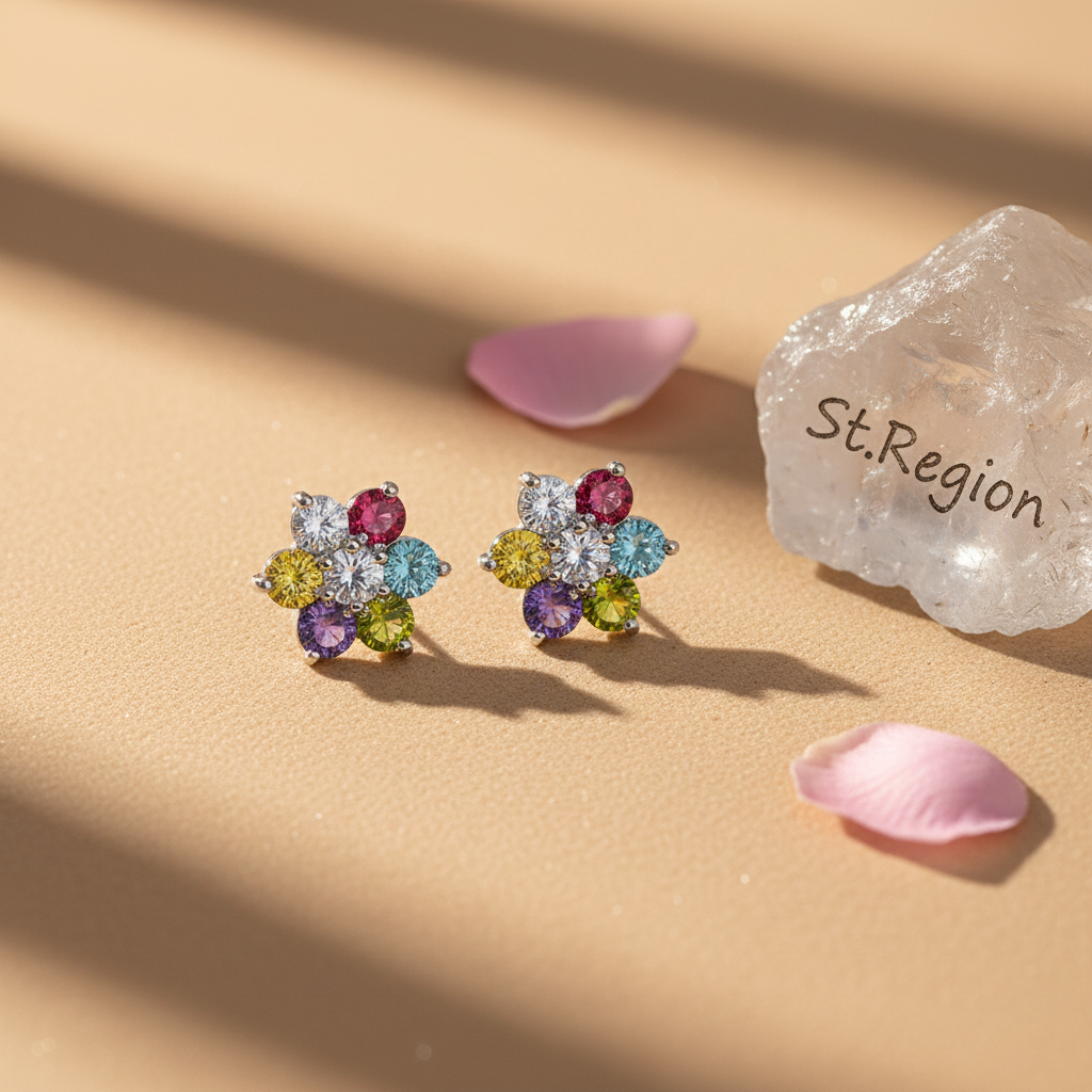 Multi-Colored Crystal & Silvertone Flower Stud Earrings