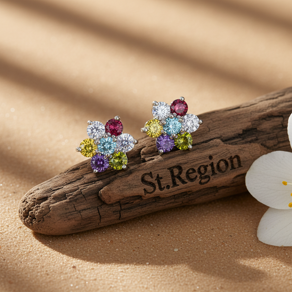 Multi-Colored Crystal & Silvertone Flower Stud Earrings