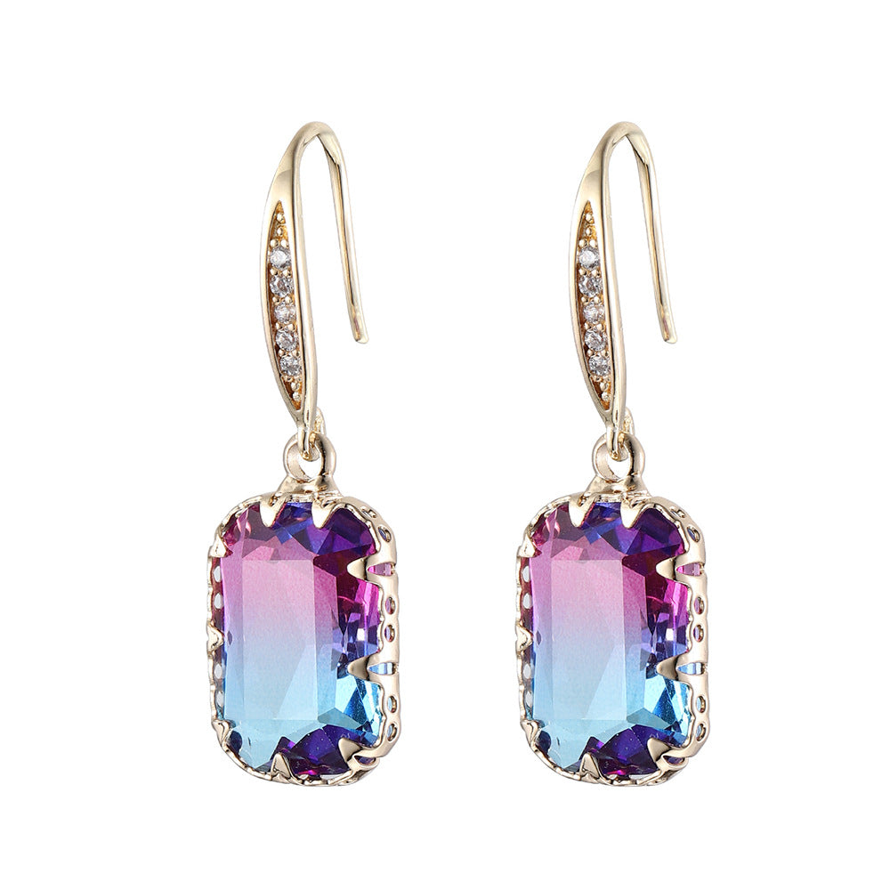 Purple Crystal & Cubic Zironcia Goldtone Rectangle Hook Earrings