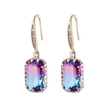 Purple Crystal & Cubic Zironcia Goldtone Rectangle Hook Earrings