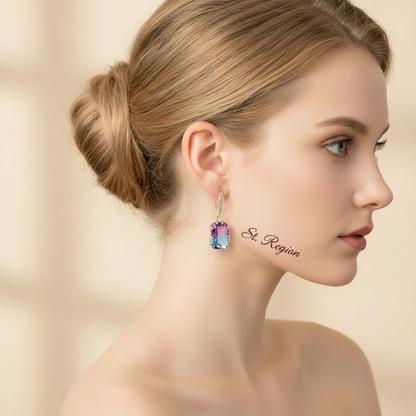Purple Crystal & Cubic Zironcia Goldtone Rectangle Hook Earrings