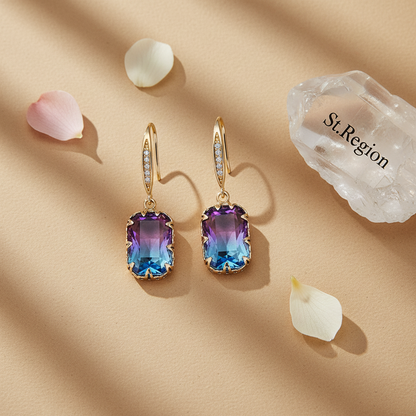 Purple Crystal & Cubic Zironcia Goldtone Rectangle Hook Earrings