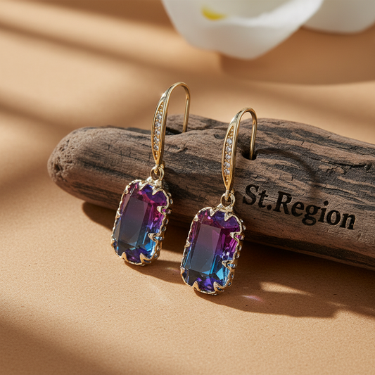 Purple Crystal & Cubic Zironcia Goldtone Rectangle Hook Earrings