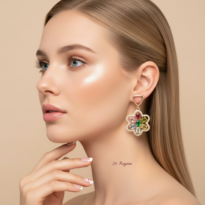 Multi-colored Crystal & Cubic Zirconia Goldtone Flower Dangle Earrings