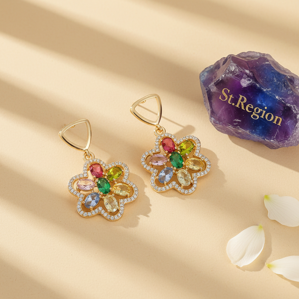Multi-colored Crystal & Cubic Zirconia Goldtone Flower Dangle Earrings