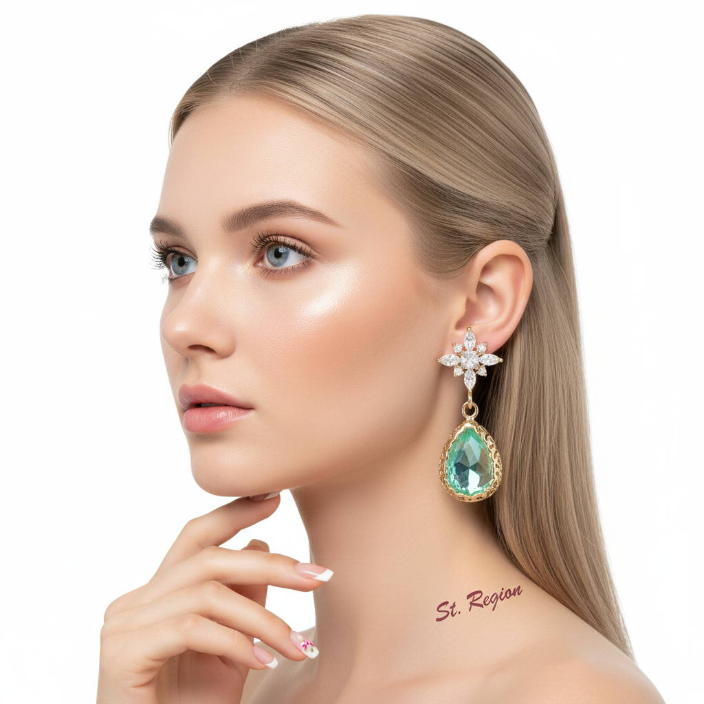 Green Crystal & Goldtone Star Drop Earrings