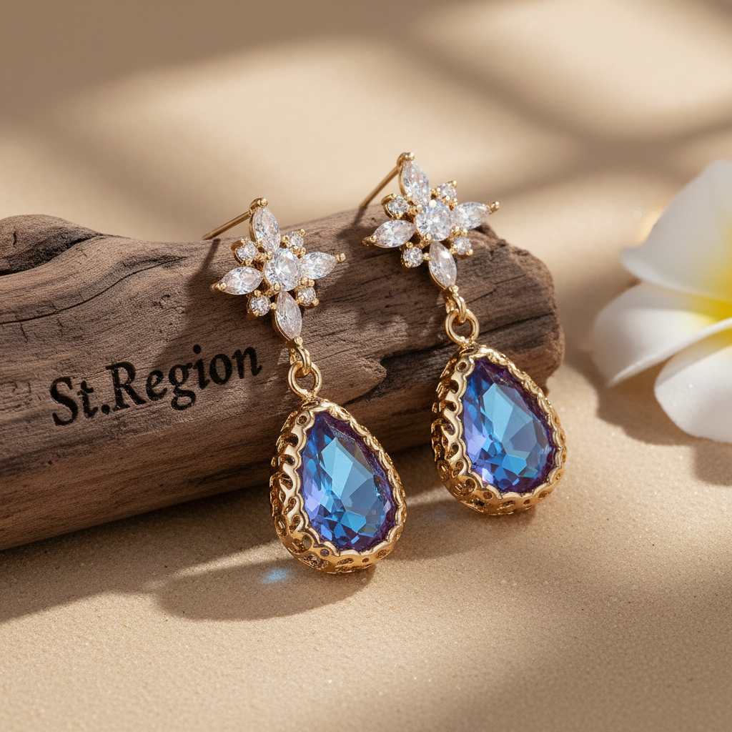 Purple Crystal & Goldtone Star Drop Earrings