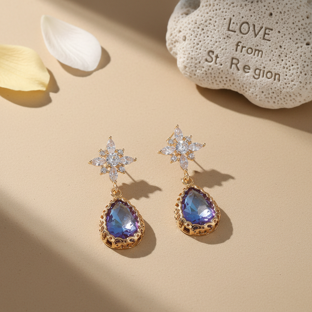Purple Crystal & Goldtone Star Drop Earrings