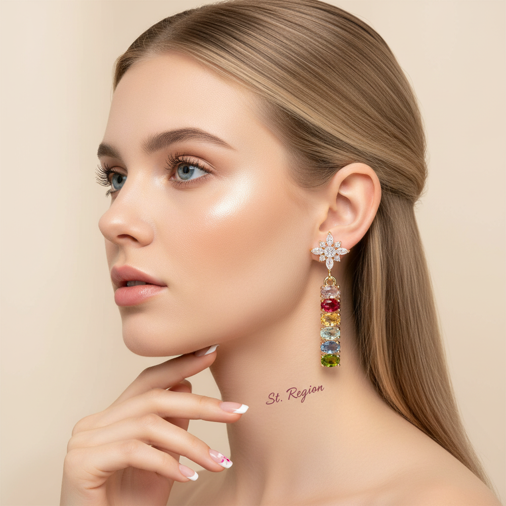 Multi-colored Oval Crystal & Cubic Zirconia Goldtone Star Drop Earrings