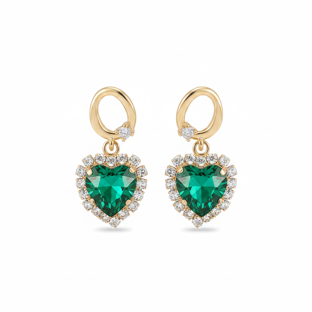 Green Crystal & Cubic Zirconia Goldtone Halo Heart Huggie Drop Earrings