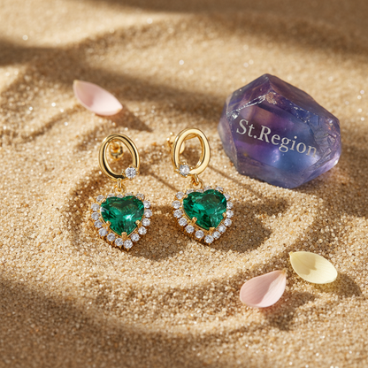 Green Crystal & Cubic Zirconia Goldtone Halo Heart Huggie Drop Earrings
