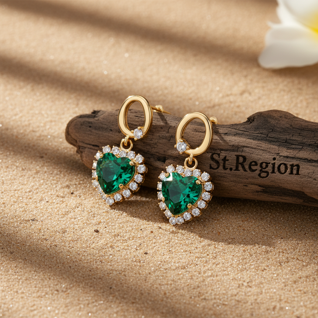 Green Crystal & Cubic Zirconia Goldtone Halo Heart Huggie Drop Earrings